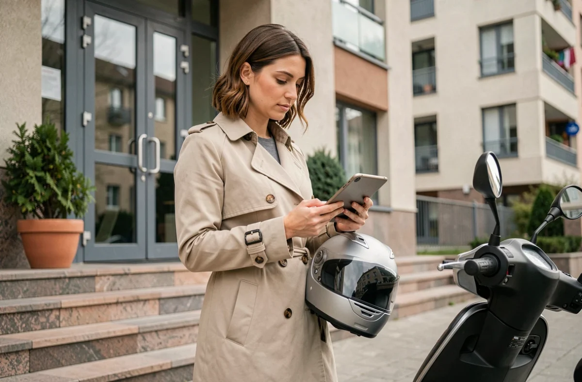 Femme debout près de son scooter souscrivant une assurance en ligne sur tablette devant un immeuble