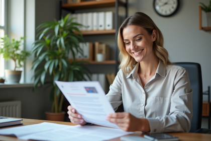 Femme souriante vérifiant papiers d'assurance voiture