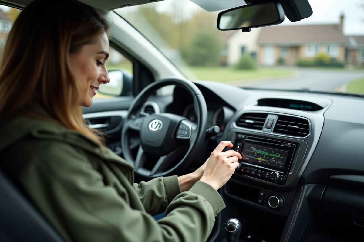 Femme branchant un adaptateur faisceau ISO sur un autoradio dans l'habitacle d'une voiture compacte