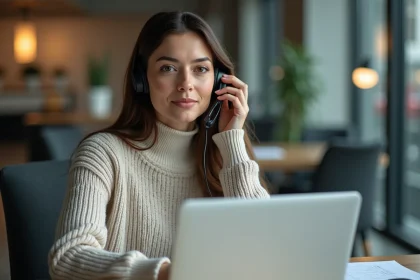 Femme en télétravail au bureau avec casque et ordinateur