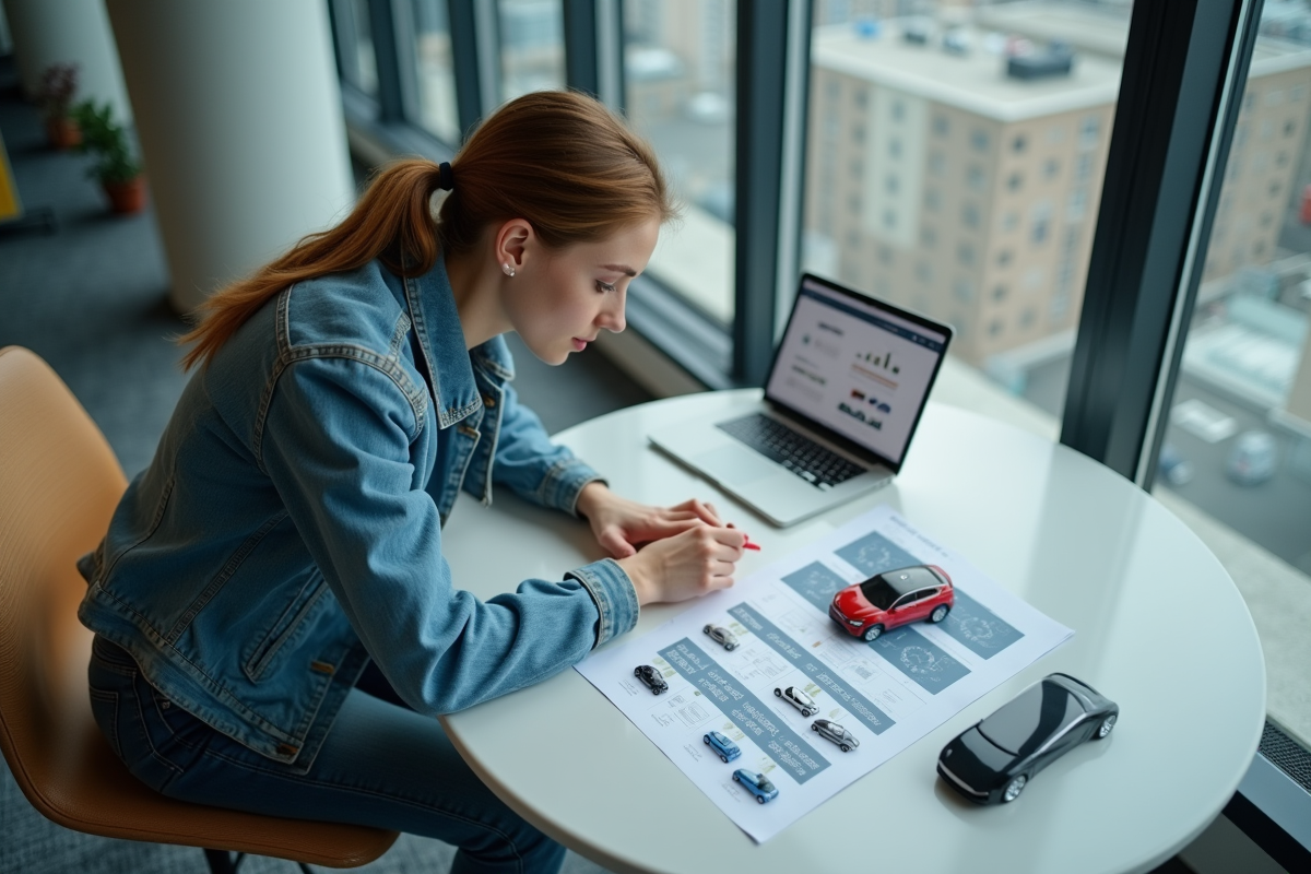 Jeune femme dans un bureau avec rapport sur véhicules électriques