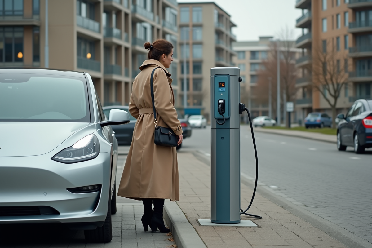 Femme chargeant sa voiture électrique en ville