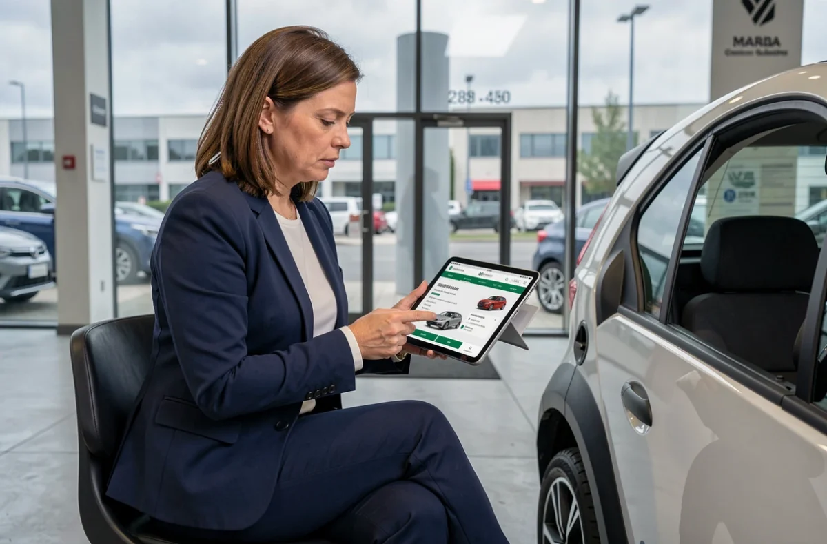 Femme comparant une annonce de voiture sans permis sur tablette dans un showroom automobile