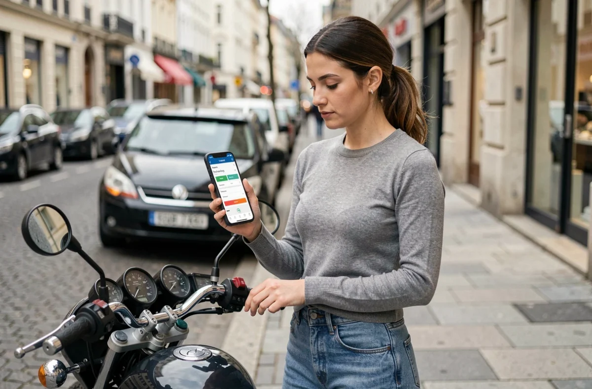 Femme consultant un comparateur d'assurance moto sur smartphone en rue