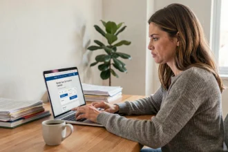 Femme comparant des offres d'assurance voiture sur un comparateur en ligne depuis son bureau à domicile
