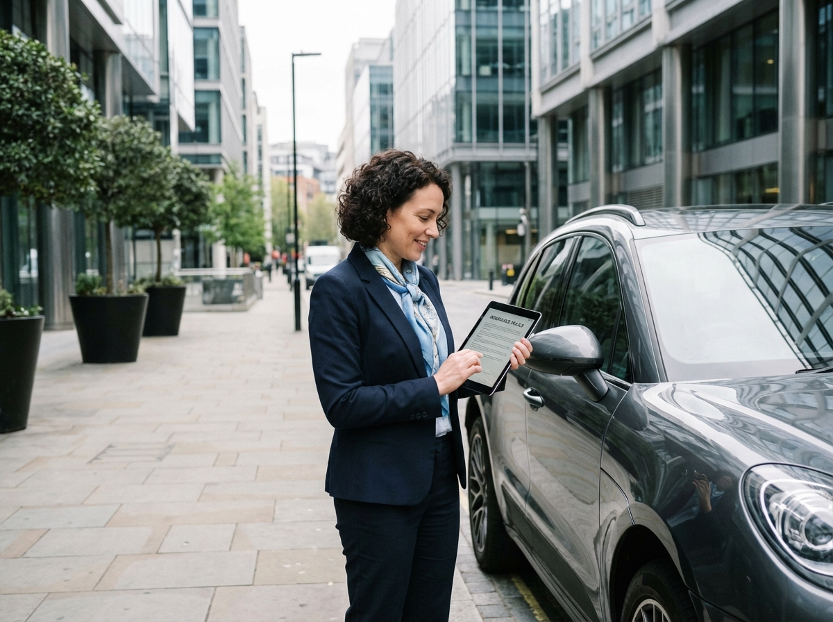 Femme confiante en blazer bleu près d'un SUV luxe en ville