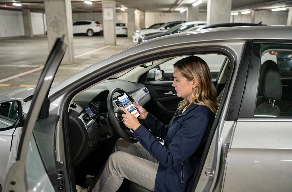 Femme consultant un site d'actualité automobile sur smartphone dans une voiture garée