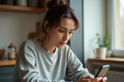 Femme consultant les actualités sur son smartphone le matin dans sa cuisine, expression concentrée et légèrement stressée