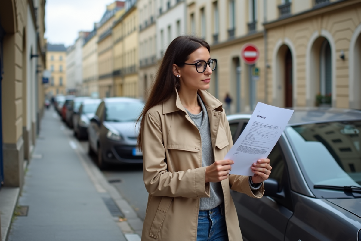 Jeune femme lisant un certificat de contrôle technique dehors
