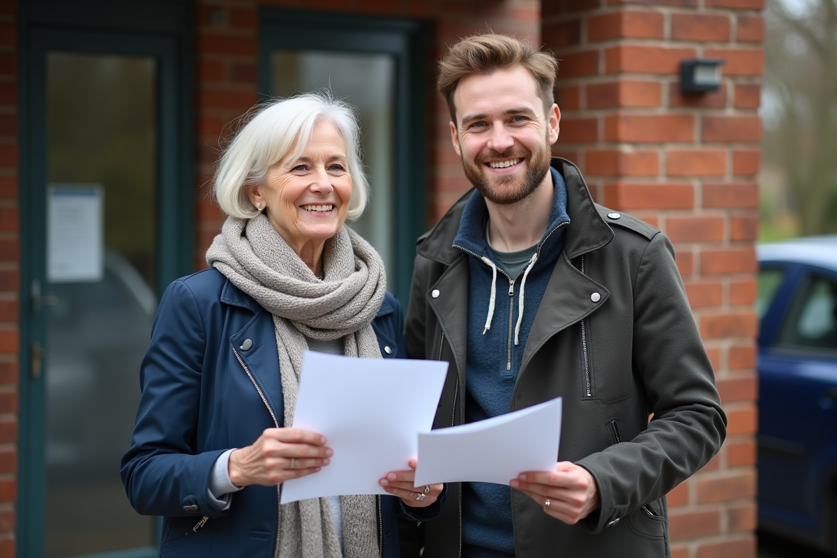 Femme et jeune homme avec documents de conduite devant école