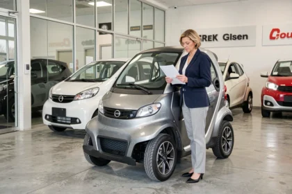 Une femme examine une voiture sans permis d'occasion dans un showroom de concessionnaire spécialisé