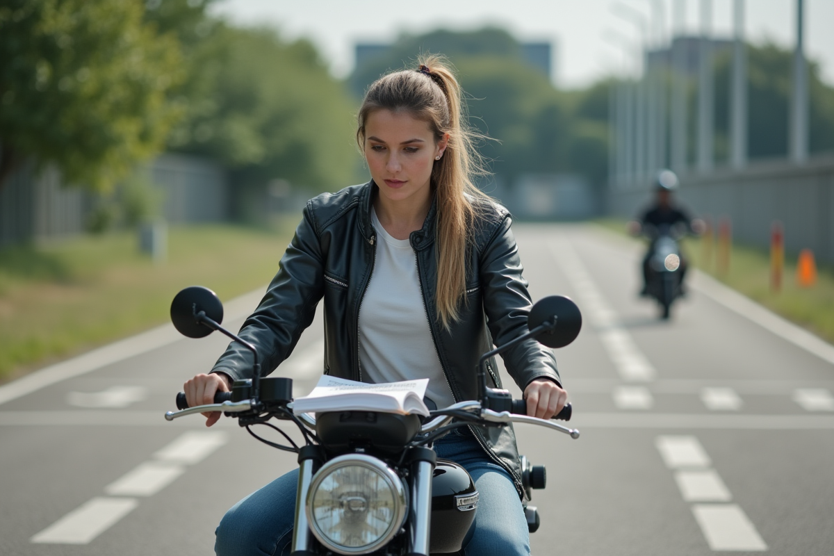 Femme concentrée sur manuel de formation moto en extérieur