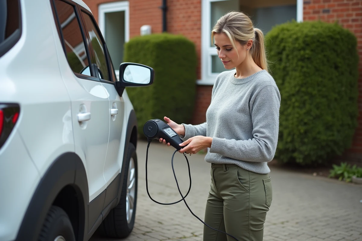 Femme utilisant un gonfleur électrique portable pour contrôler la pression des pneus d'un SUV dans une allée résidentielle