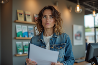 Femme au comptoir de location de voiture avec documents