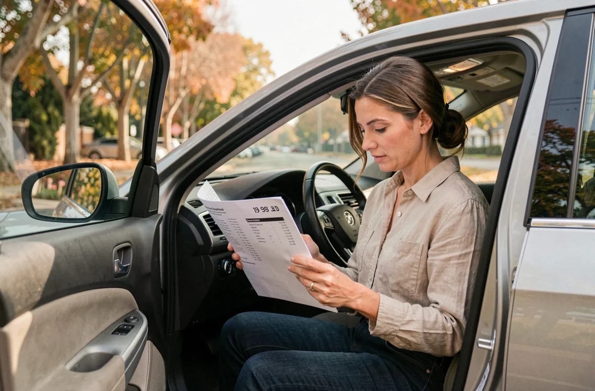 Femme consultant le manuel technique de sa voiture pour comprendre la puissance en kilowatts et chevaux vapeur