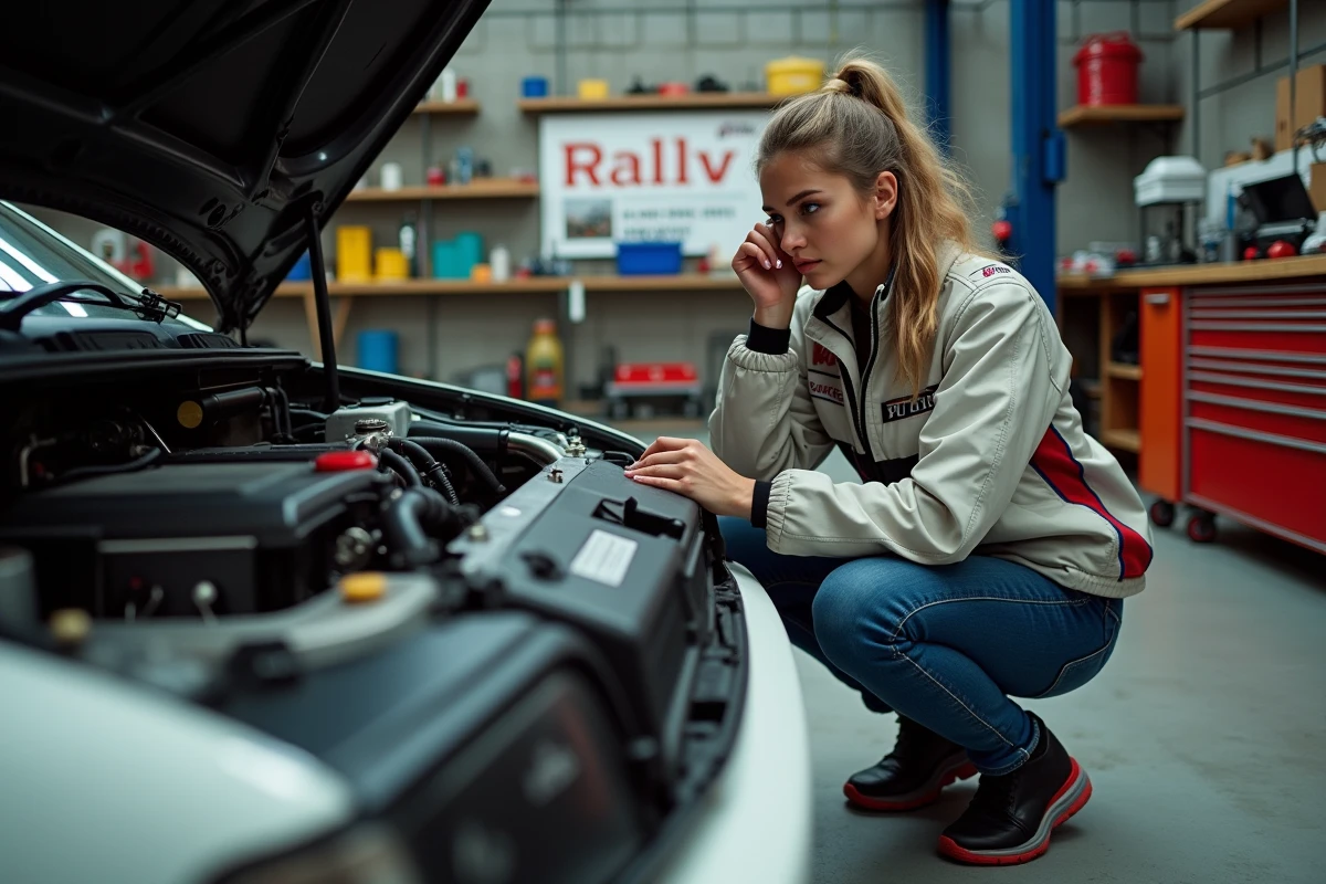 Jeune femme inspectant le moteur d
