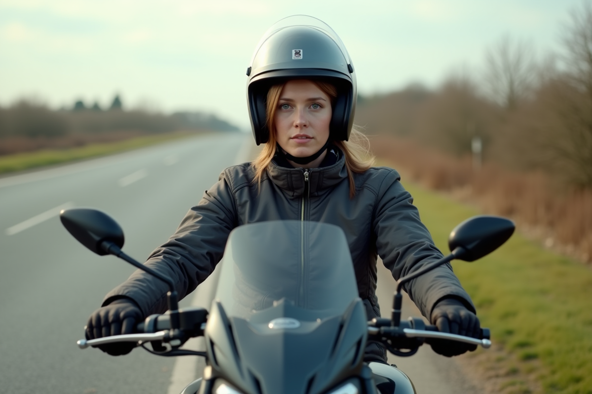 Femme motard ajuste ses écouteurs sur une route de campagne