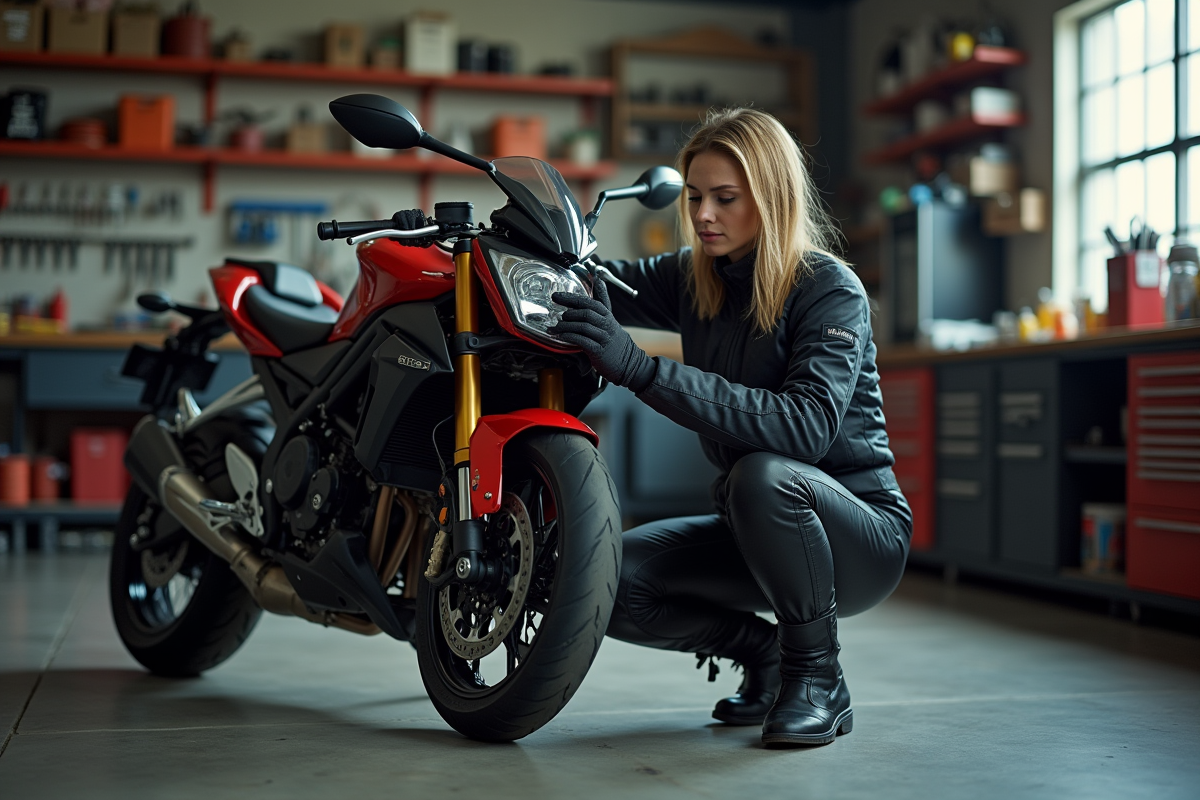 Femme vérifiant un pneu de moto dans un garage organisé