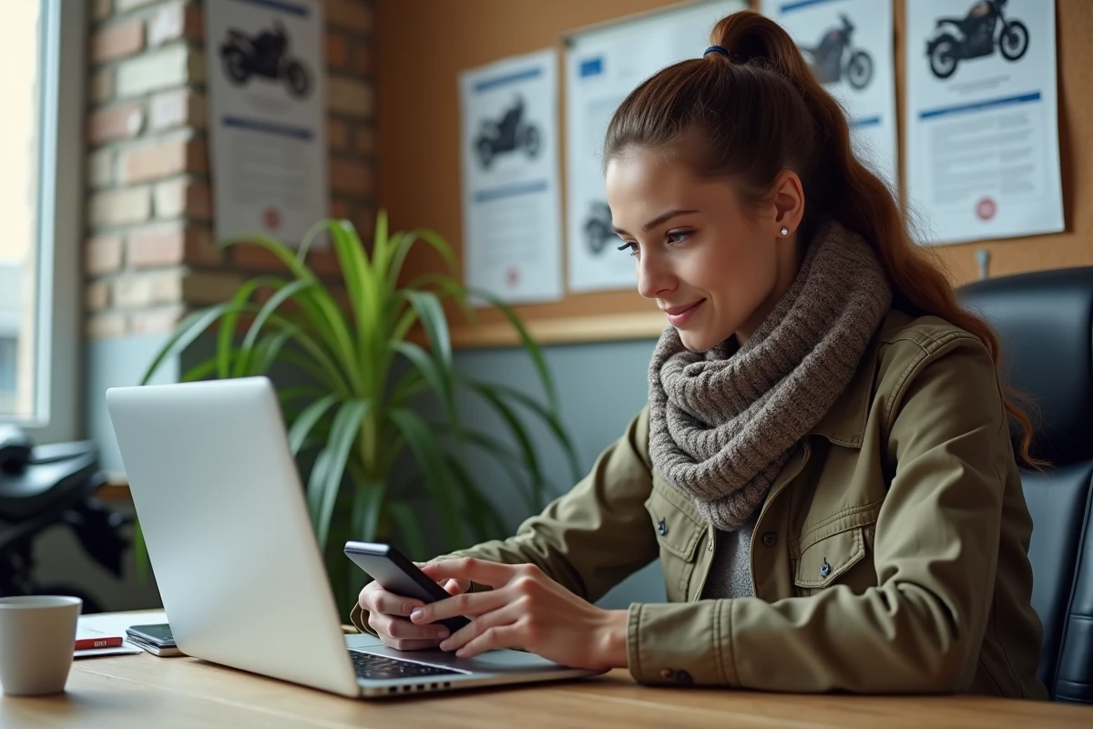 Jeune femme consulte des annonces de motos sur son ordinateur