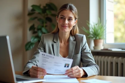 Femme consultant son permis de conduire en remplissant un CV sur un bureau à domicile