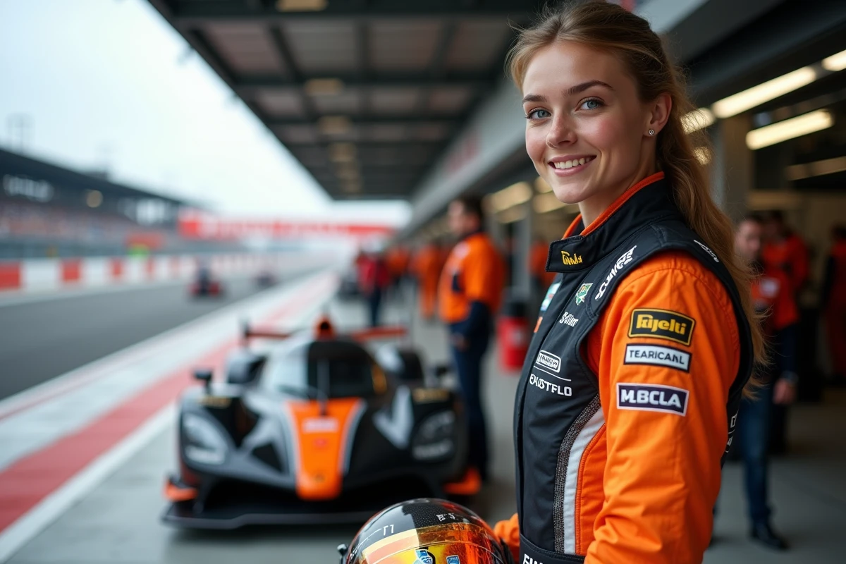Jeune femme en combinaison de course dans la pitlane