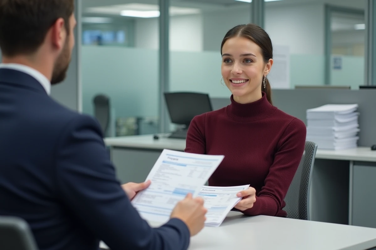 Femme remettant des formulaires de carte grise au guichet