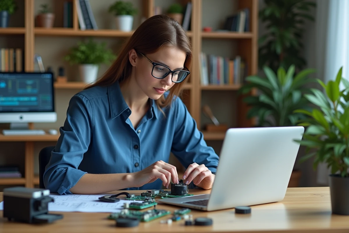 Jeune femme démontant un module électronique à son bureau