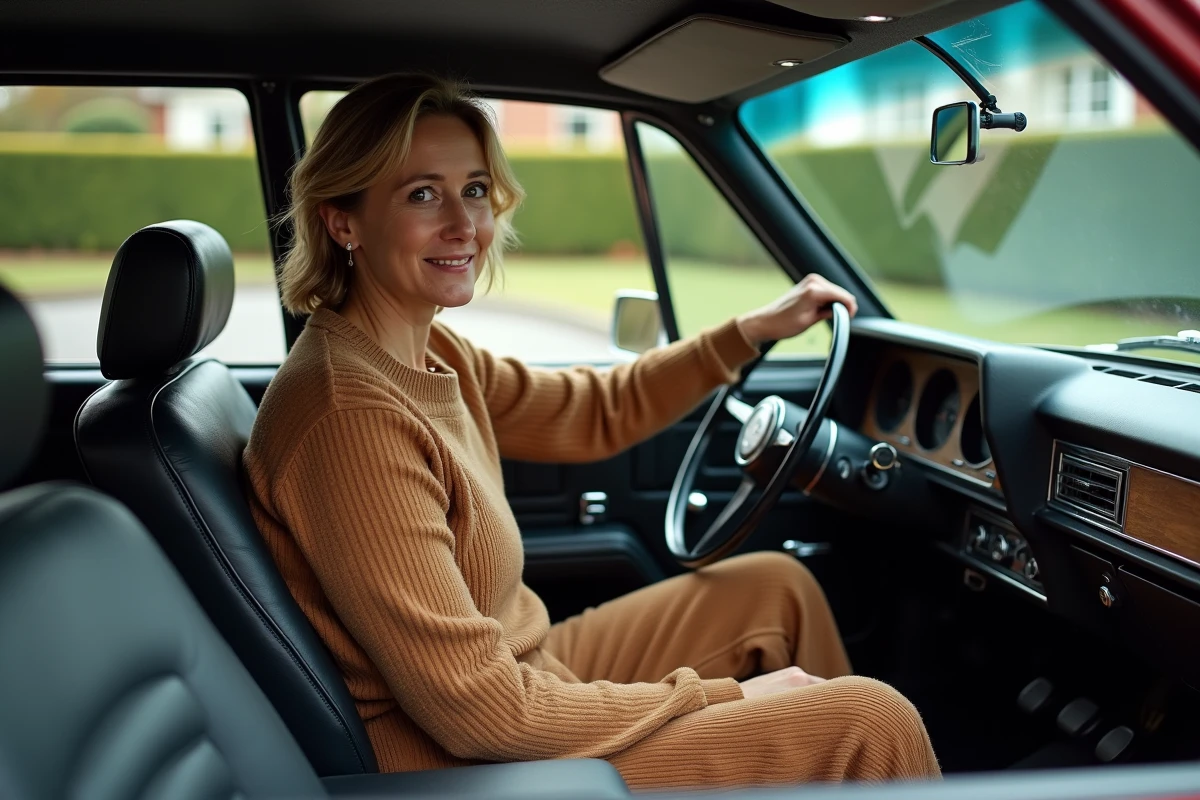 Femme dans une voiture ancienne des années 70 au volant