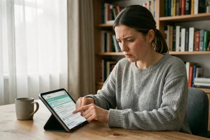 Femme adulte révisant le code de la route sur une tablette numérique à son bureau à domicile en 2026