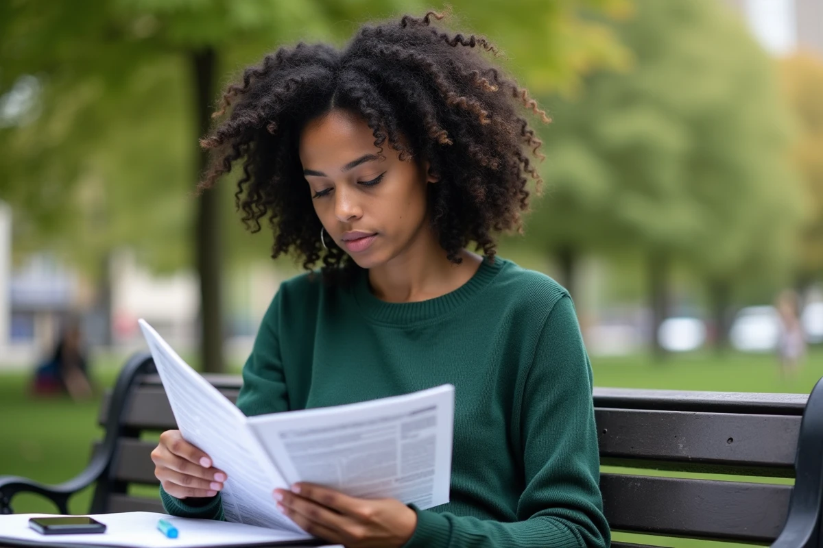Femme lisant des fiches de revision dans un parc en plein air