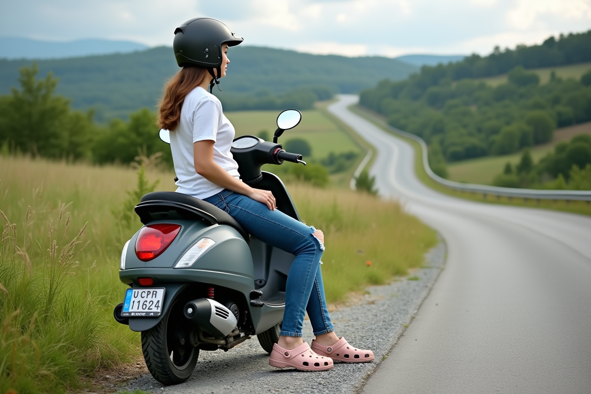 Jeune femme en Crocs pastel sur un scooter rural