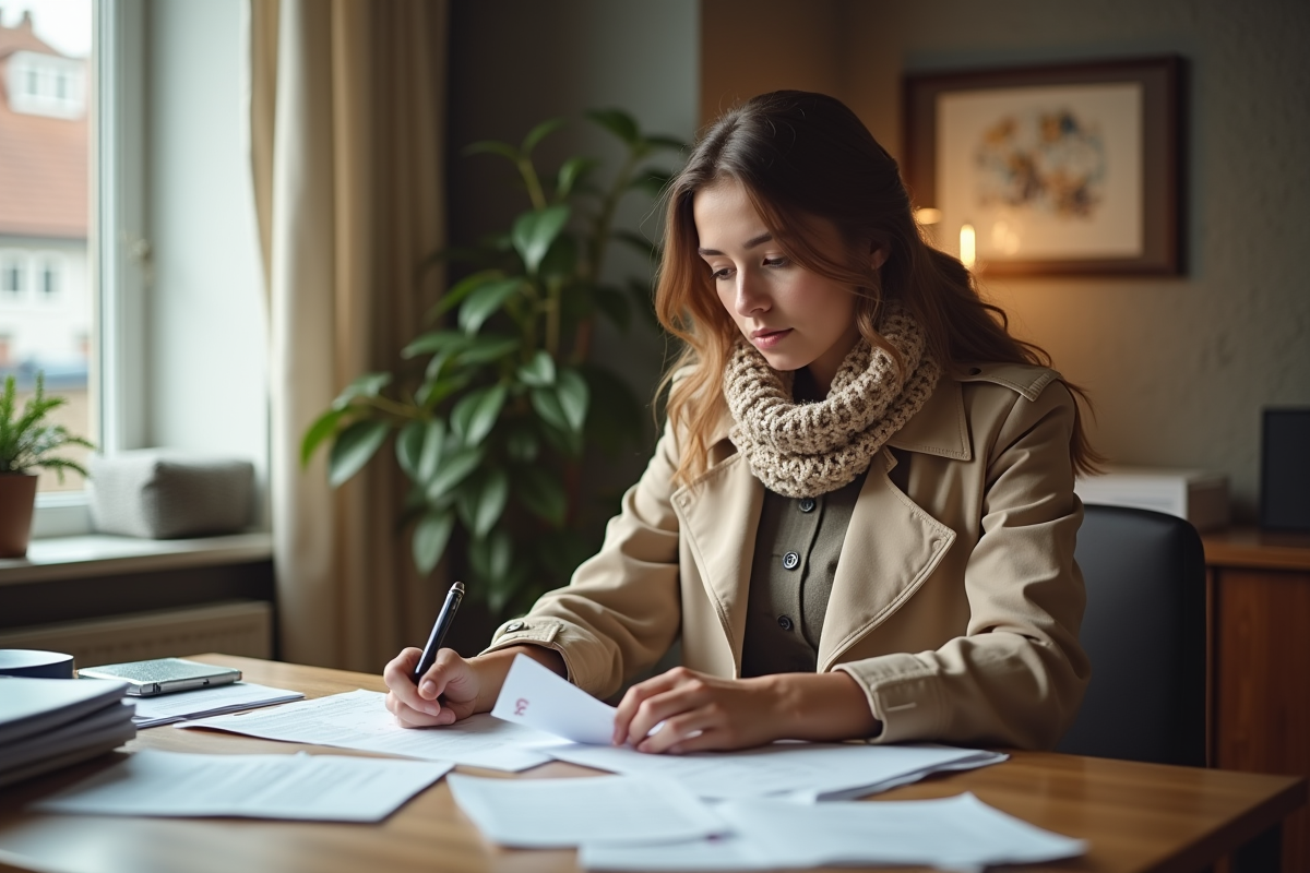 Jeune femme lisant des papiers dans un bureau à domicile