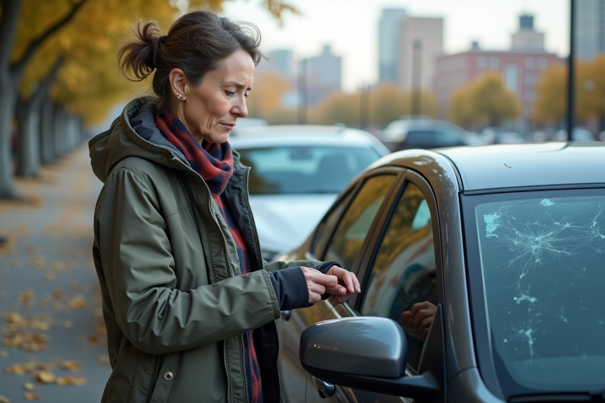 Femme perplexe à côté de sa voiture avec vitre cassée en ville