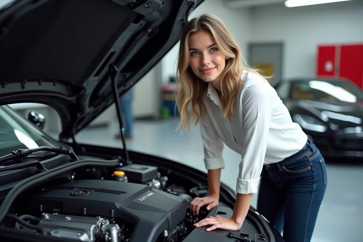Femme curieuse inspectant le moteur d