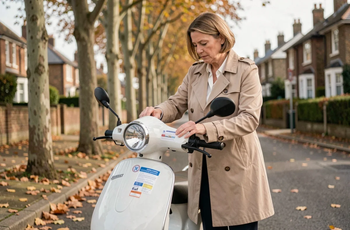 Femme vérifiant le placement d'une vignette d'assurance sur un scooter blanc dans une rue résidentielle