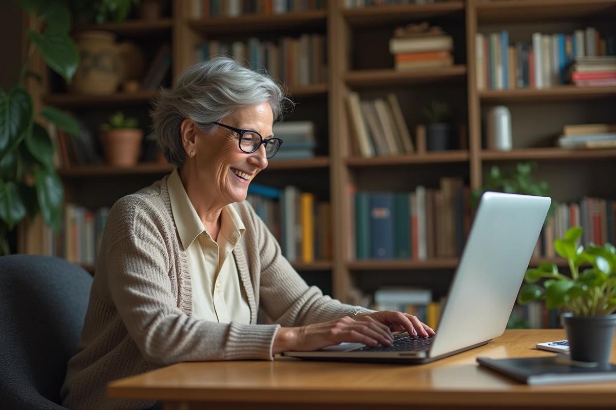 Femme d'âge moyen utilisant un vieux laptop dans un bureau cozy