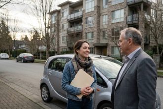 Femme souriante avec voiture électrique en ville