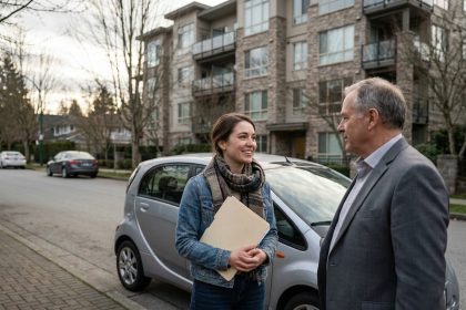 Femme souriante avec voiture électrique en ville