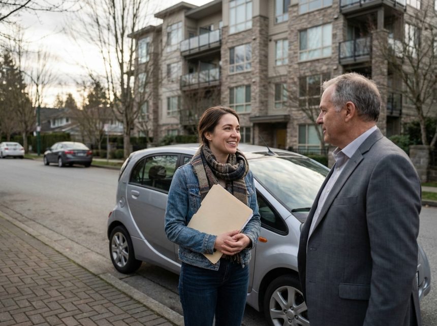 Femme souriante avec voiture électrique en ville