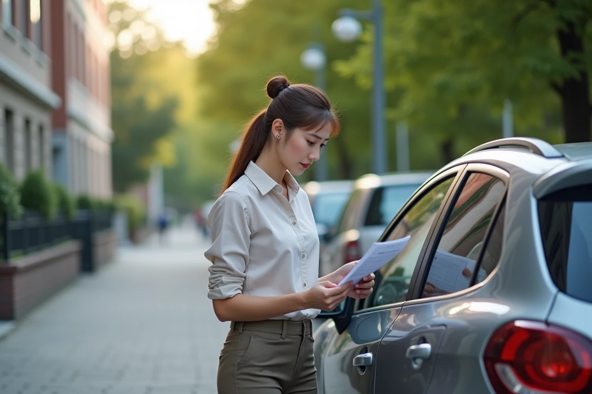 Jeune femme inspectant une voiture avec rapport