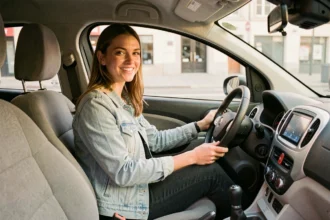 Jeune femme au volant d'une voiture sans permis en location longue durée, souriante dans l'habitacle compact