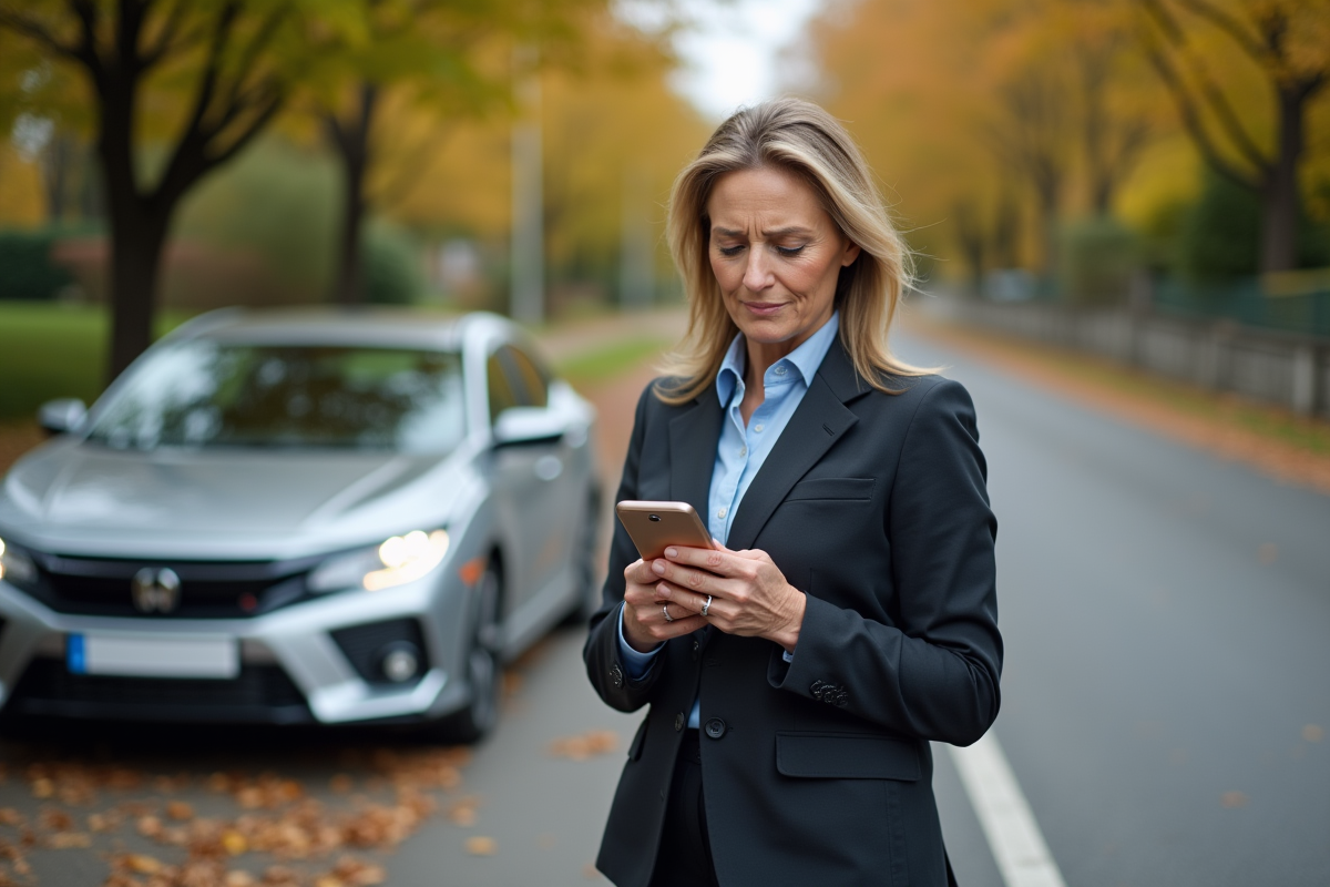 Femme d age moyen vérifiant son smartphone près de sa voiture
