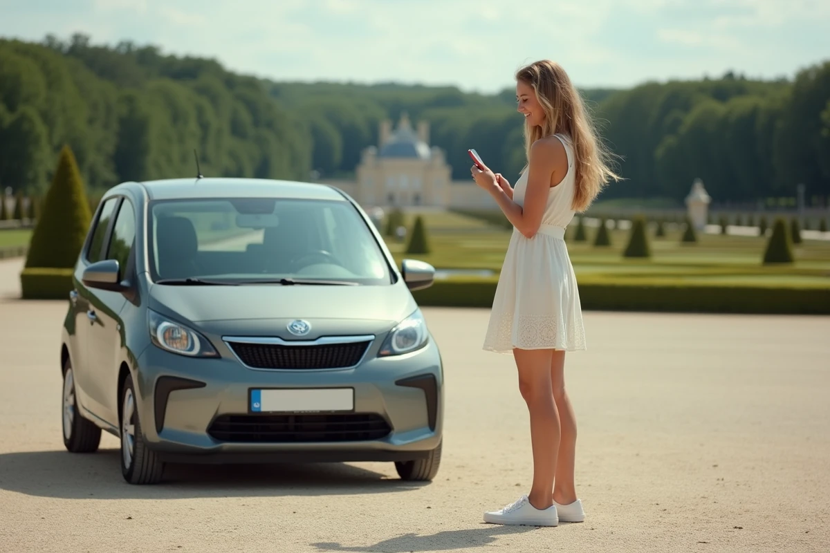 Jeune femme envoyant un message près de sa voiture à Versailles