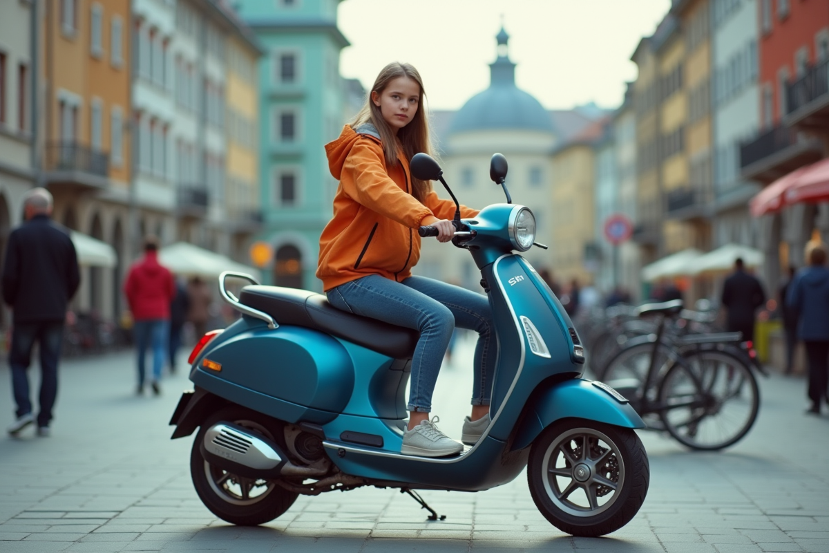 Fille en veste sportive sur scooter en ville