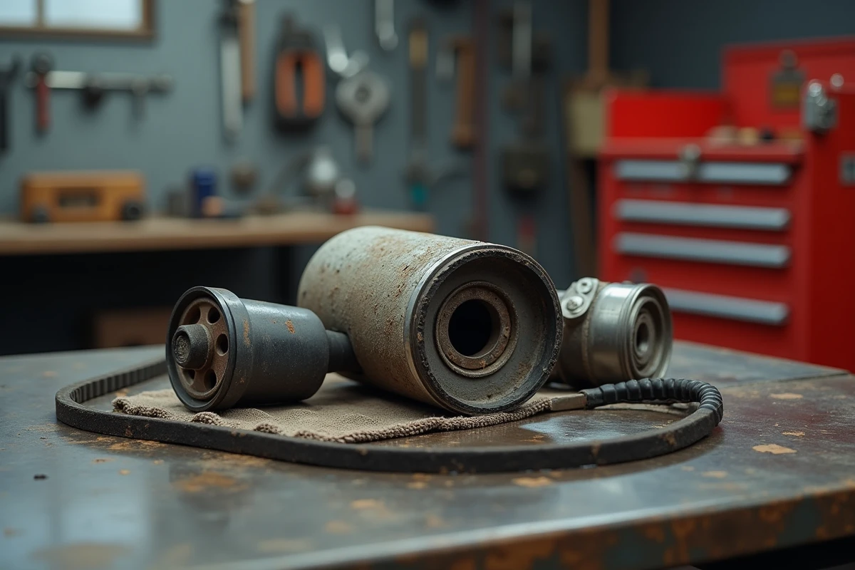 Filtre à huile usé et courroie de distribution détériorée d'un moteur diesel 1.5 dCi sur établi de garage