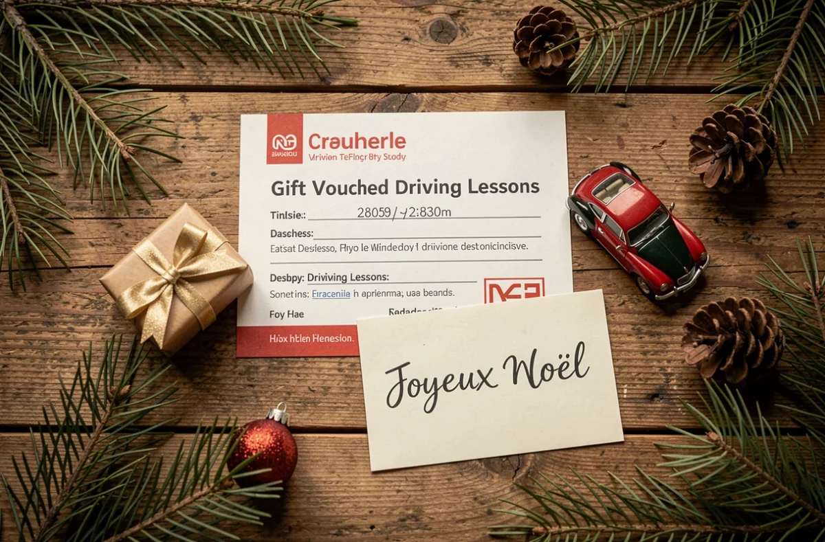 Flat lay cadeau permis de conduire Noël avec bon de formation, voiture miniature et carte manuscrite sur table en bois