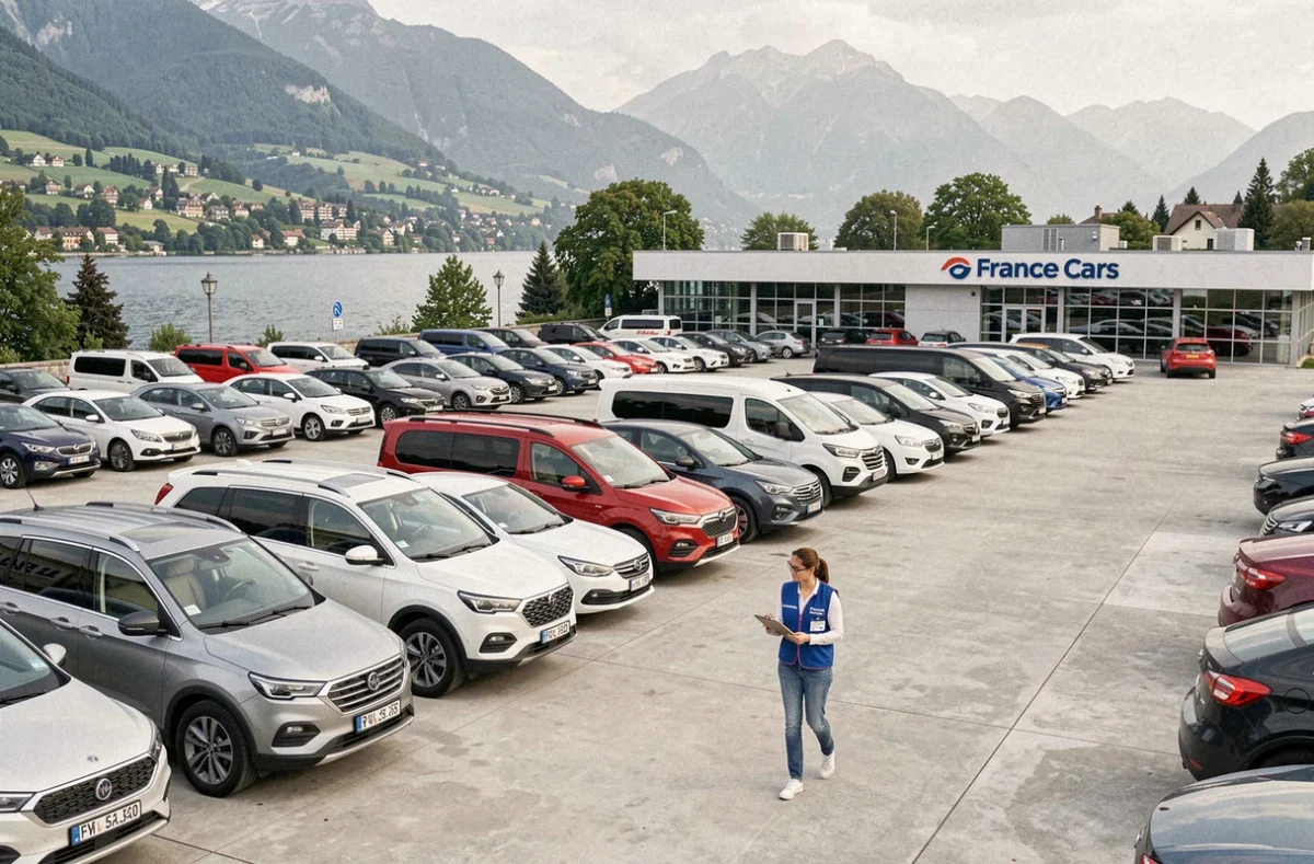 Large parc de véhicules de France Cars à Annecy avec une employée vérifiant la flotte variée de location