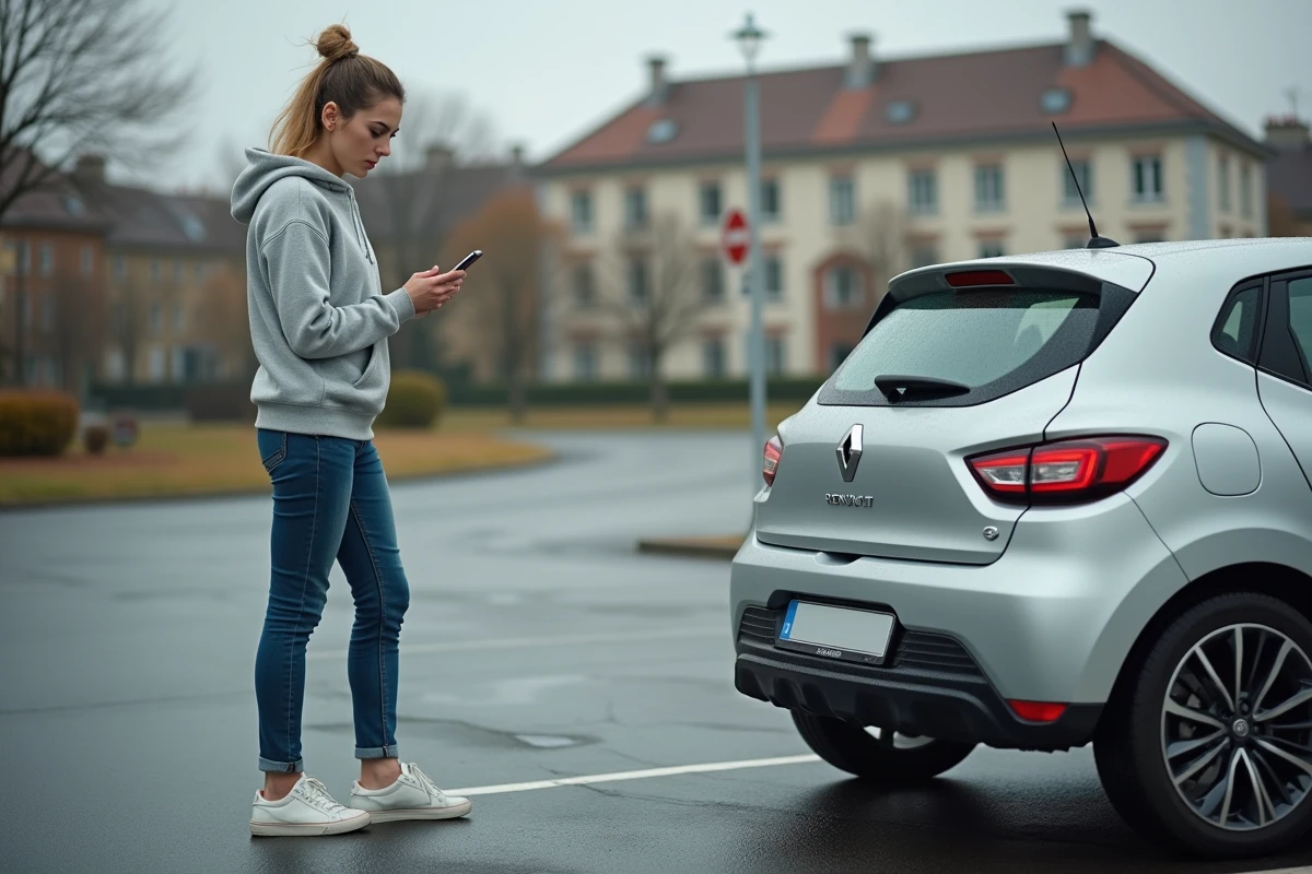 Femme inquiète observant une fuite d'huile sous sa Renault dans un parking, problème moteur 1.5 dCi