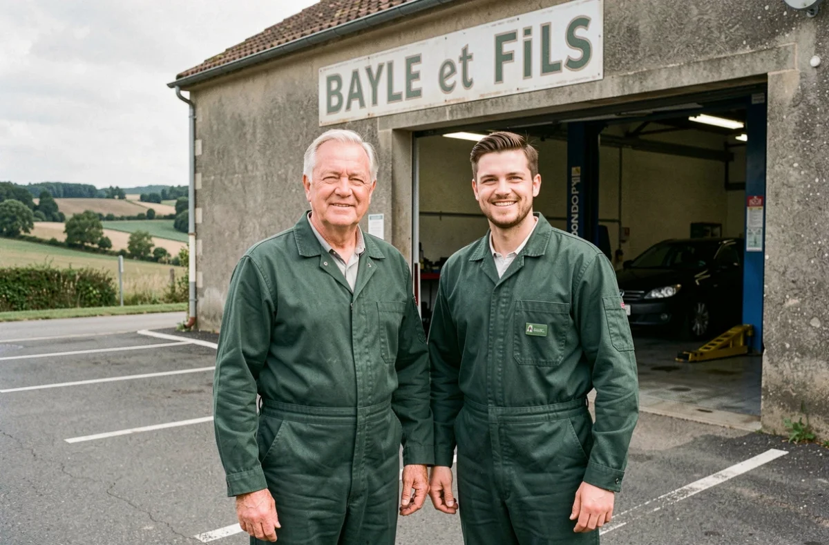 Un père et son fils mécaniciens devant la façade du Garage Bayle et Fils en Haute-Vienne, en salopettes vertes assorties