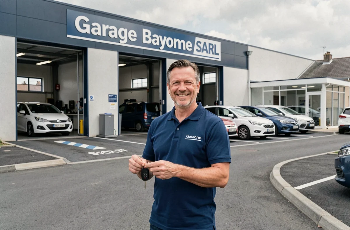 Gérant du Garage Bayonne SARL en Haute-Vienne devant la façade du garage avec clés de voiture en main et véhicules de service sur le parvis